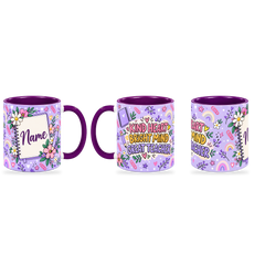 Purple Stationery Desk Teacher Mug – 320ml — right, left and front views together on a transparent background