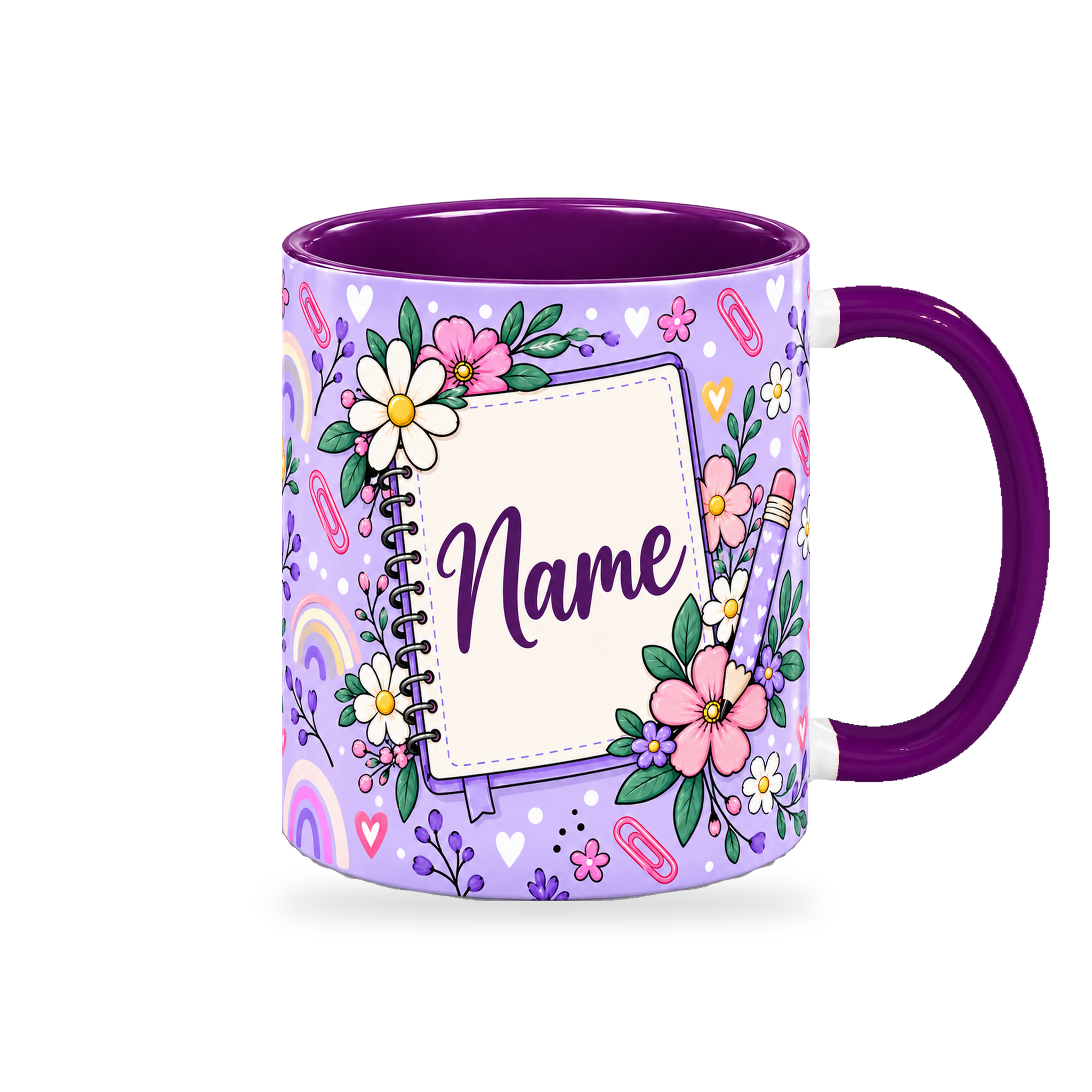 Purple Stationery Desk Teacher Mug – 320ml — right view on a transparent background