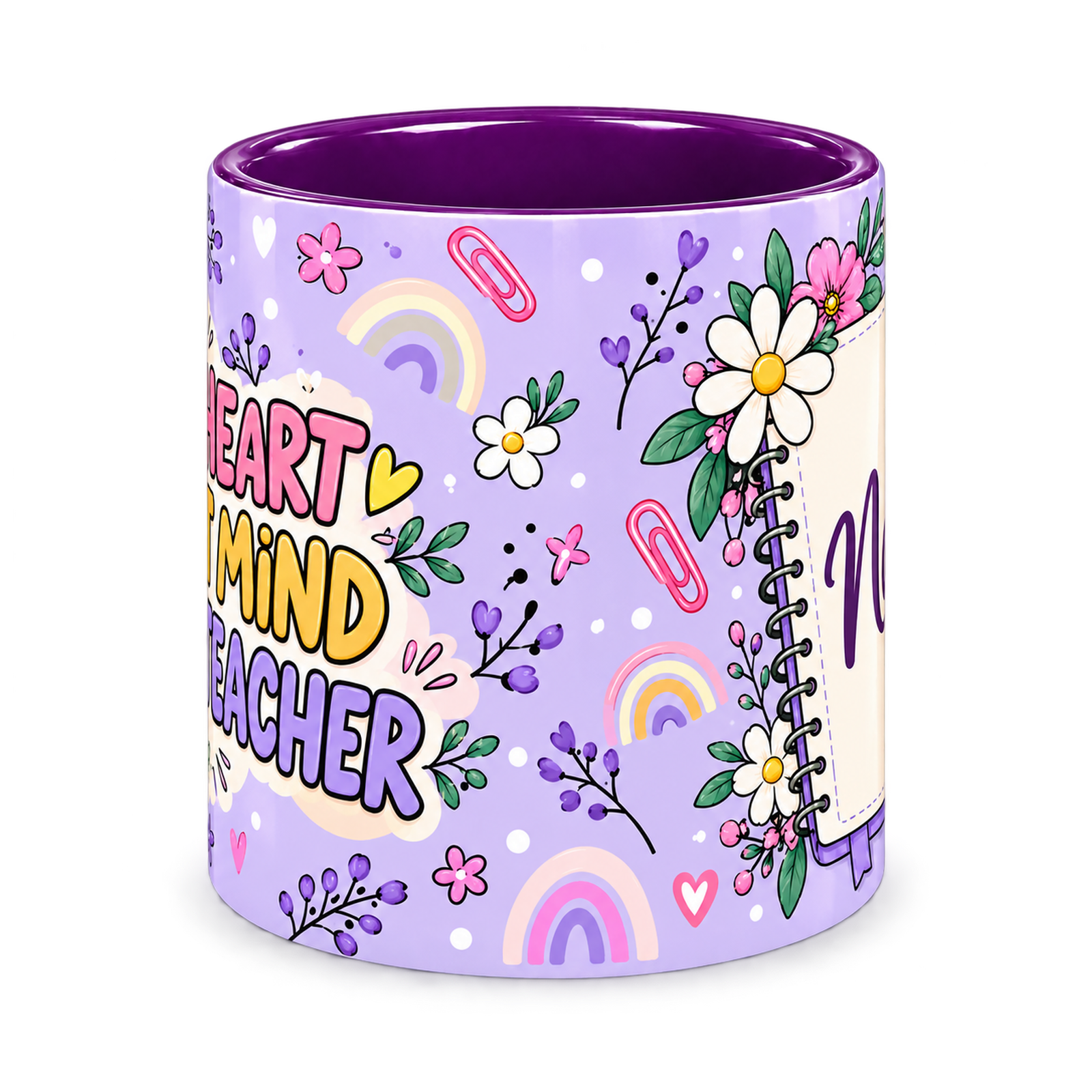 Purple Stationery Desk Teacher Mug, purple – centre view of the full-wrap pattern