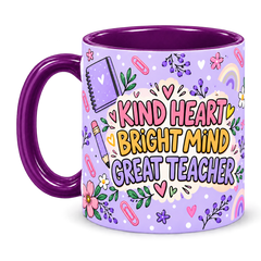 Purple Stationery Desk Teacher Mug, purple – handle on the left, KIND HEART BRIGHT MIND GREAT TEACHER
