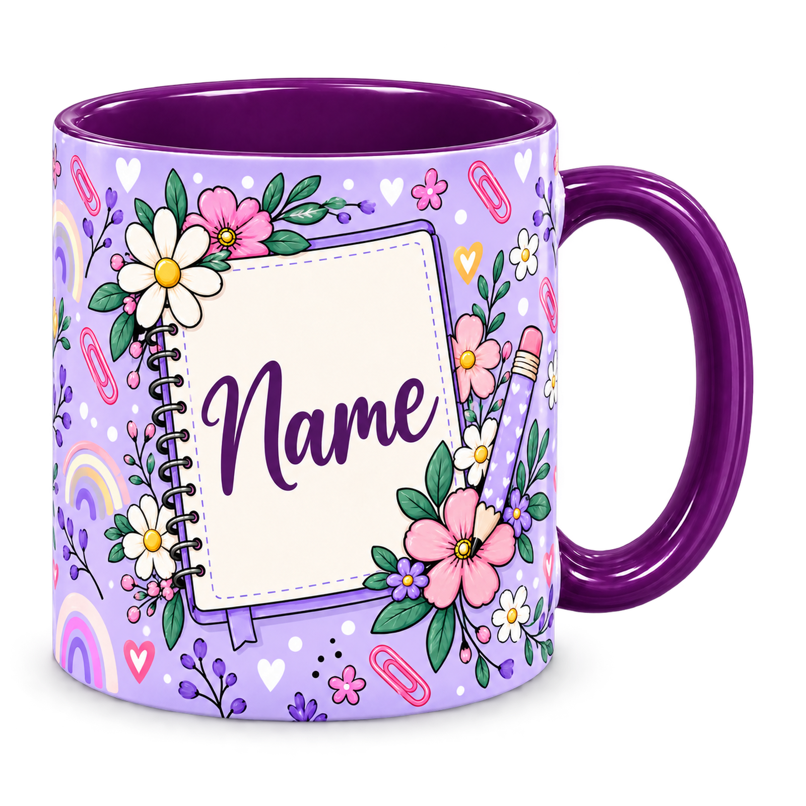 Purple Stationery Desk Teacher Mug, purple – handle on the right, Name