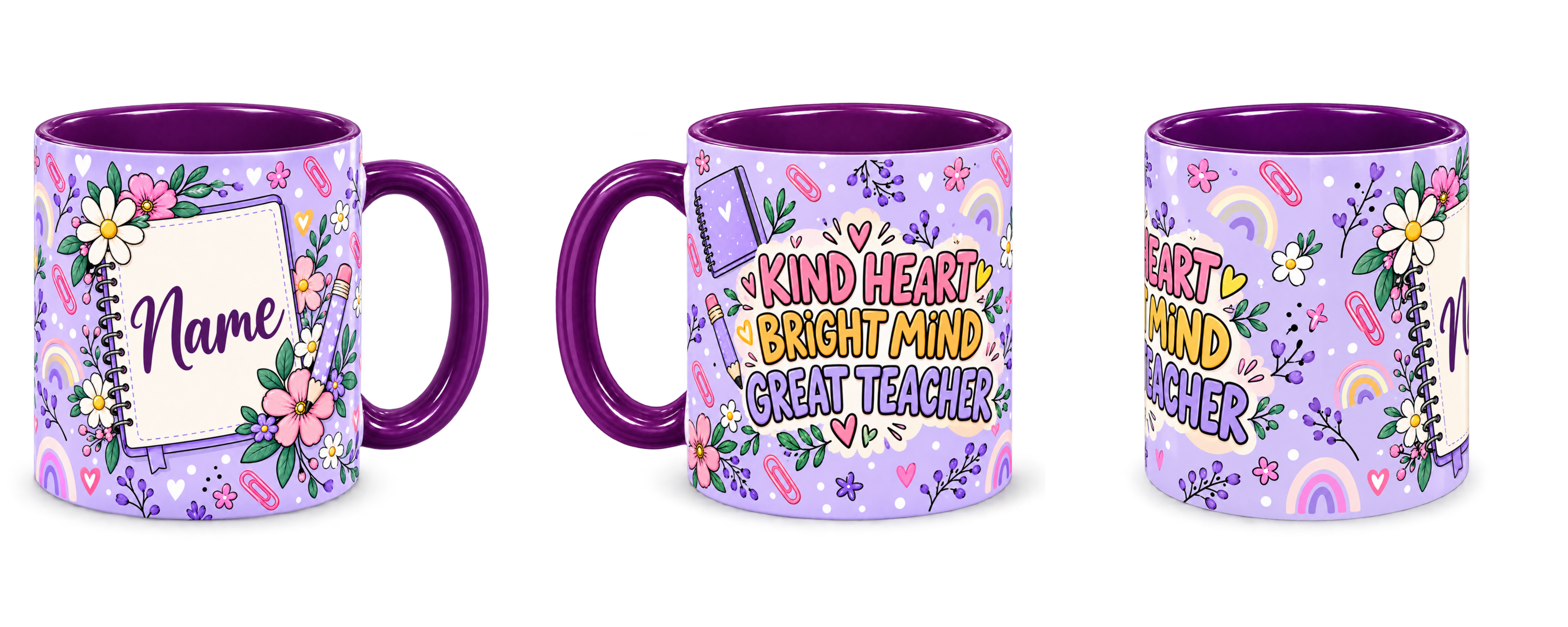 Purple Stationery Desk Teacher Mug, purple – right, left and centre views side by side