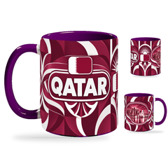 Qatar Mug – 320ml with purple handle, showing the country-name side plus companion centered-flag and landmark views of the glossy full-wrap design by Fann Bliss.