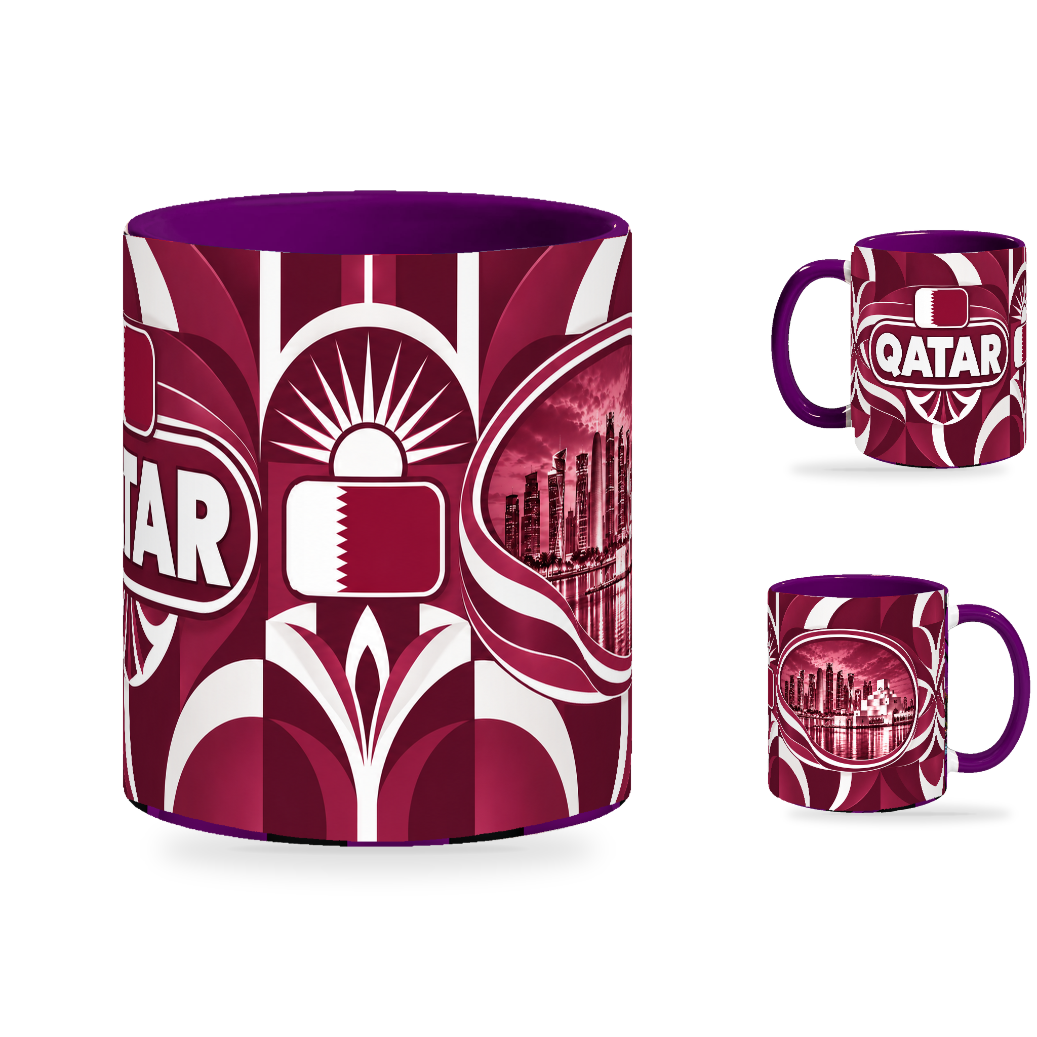 Qatar Mug – 320ml with purple handle, showing the centered flag view plus companion country-name and landmark views of the glossy full-wrap design by Fann Bliss.