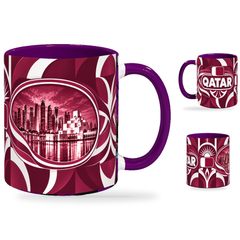 Qatar Mug – 320ml with purple handle, showing the landmark side plus companion country-name and centered-flag views of the glossy full-wrap design by Fann Bliss.