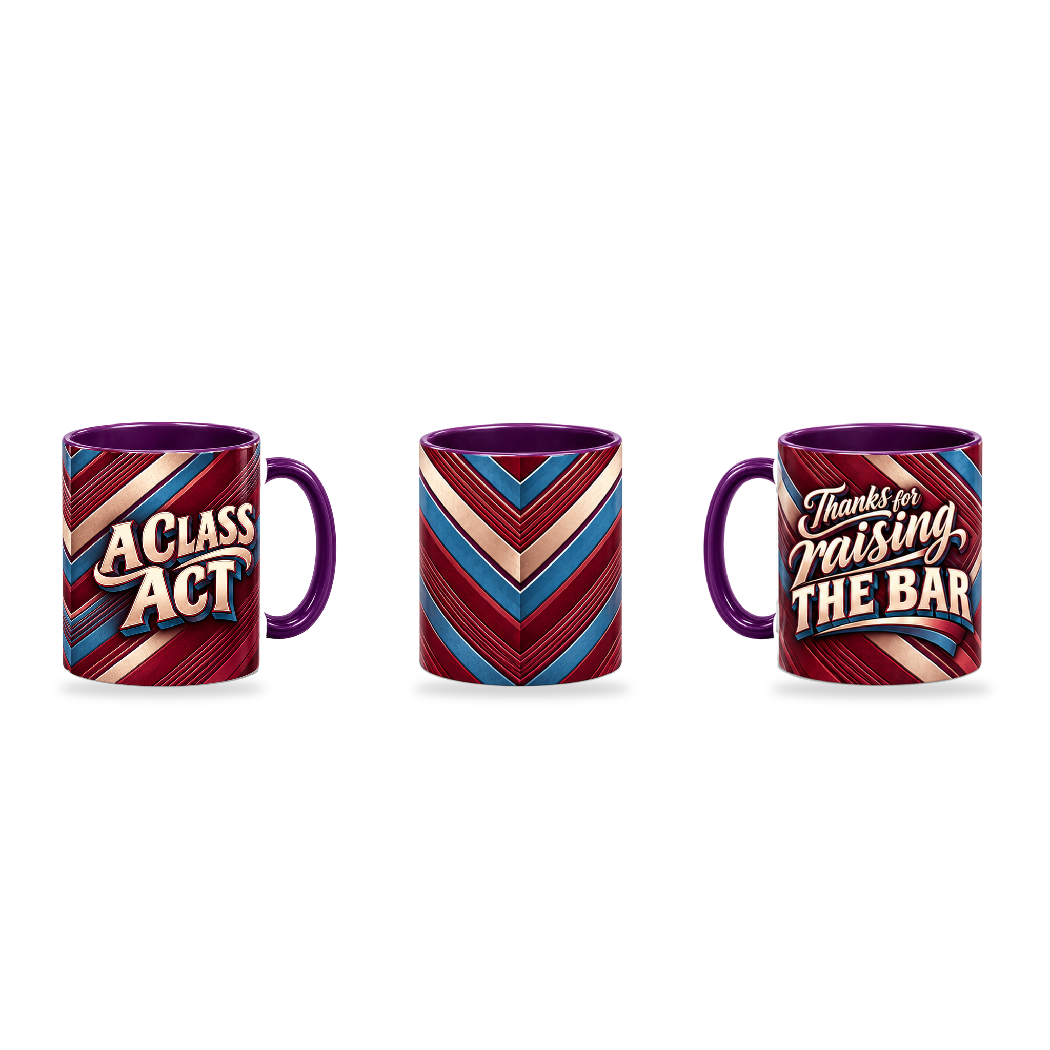 Raising The Bar Mug – 320ml, Purple ceramic mug, three-angle overview of the Teacher’s Day artwork