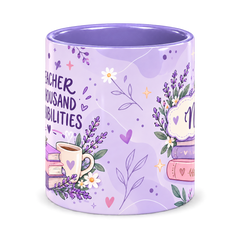 Reading Nook Teacher Mug, light purple – centre view of the full-wrap pattern