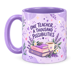 Reading Nook Teacher Mug, light purple – handle on the left, ONE TEACHER A THOUSAND POSSIBILITIES