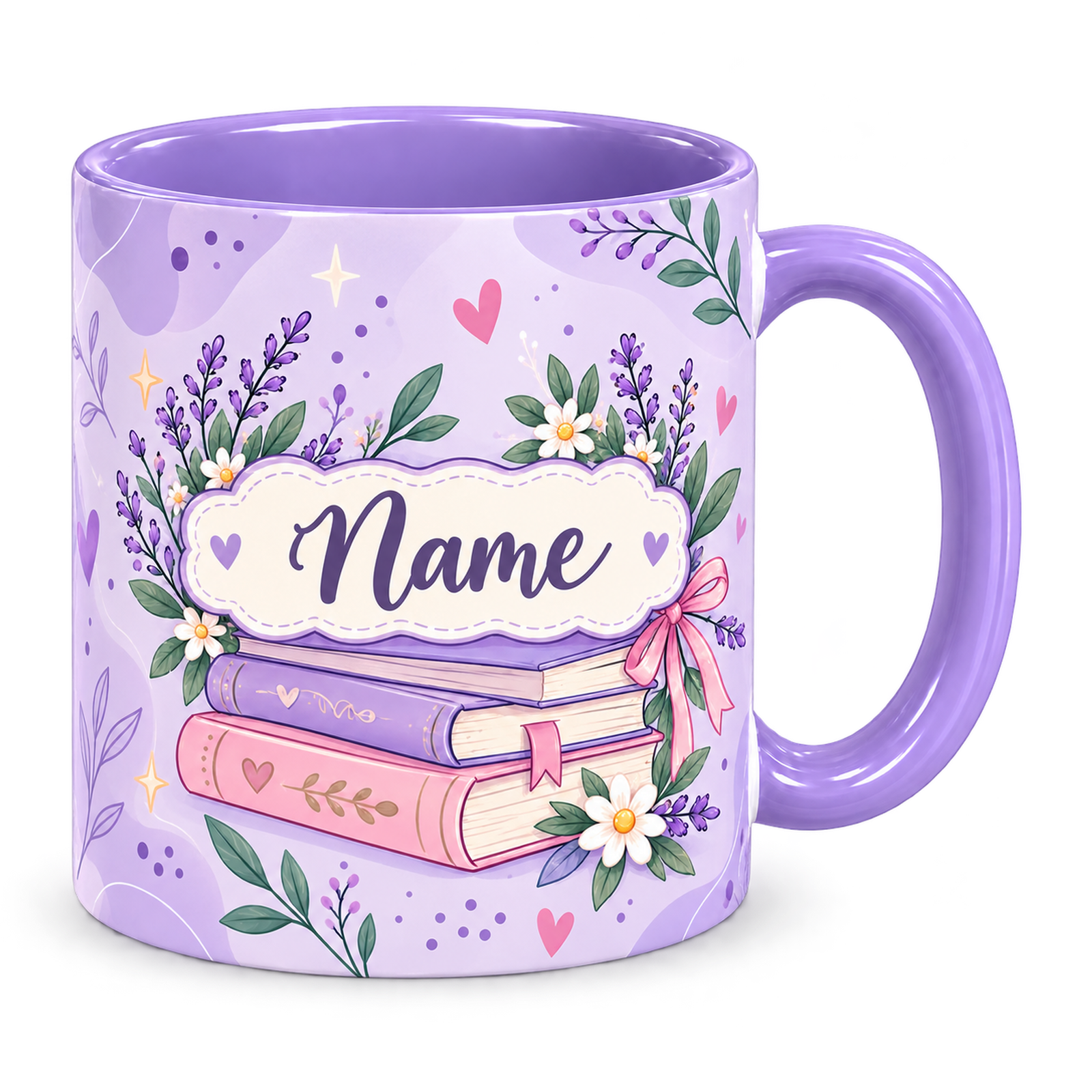 Reading Nook Teacher Mug, light purple – handle on the right, Name