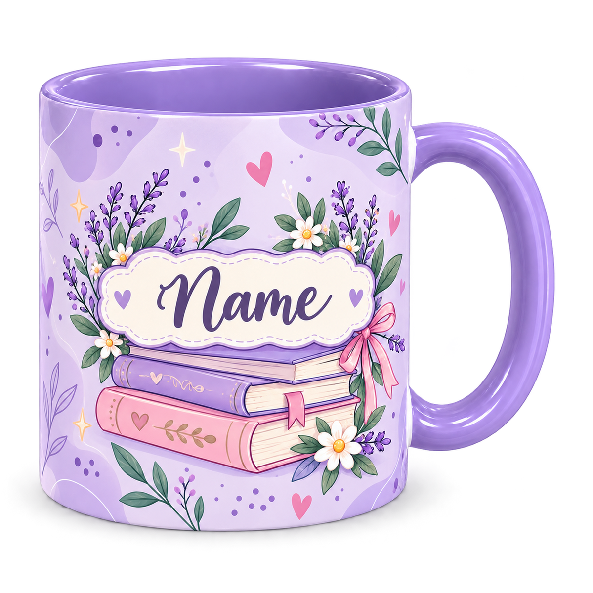 Reading Nook Teacher Mug, light purple – handle on the right, Name