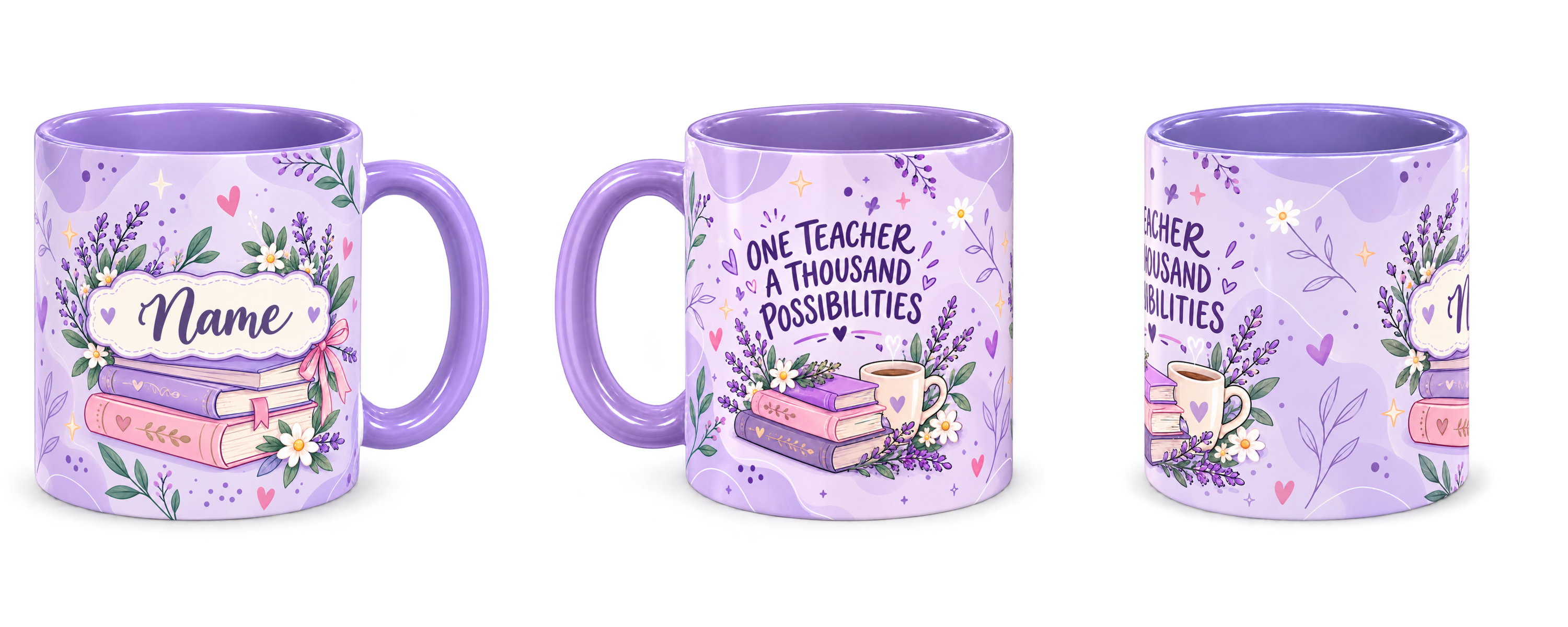 Reading Nook Teacher Mug, light purple – right, left and centre views side by side