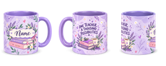 Reading Nook Teacher Mug, light purple – right, left and centre views side by side