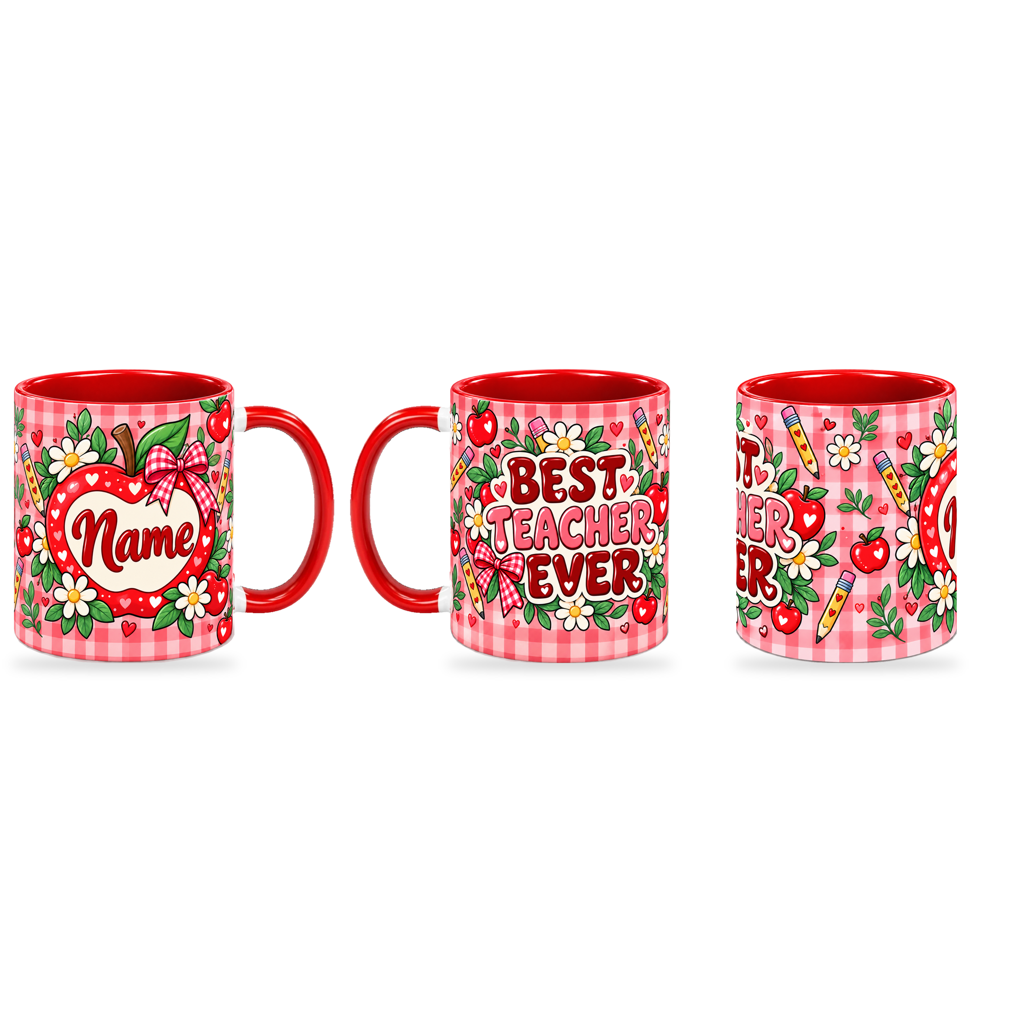 Red Apple Academy Teacher Mug – 320ml — right, left and centre views together on a transparent background