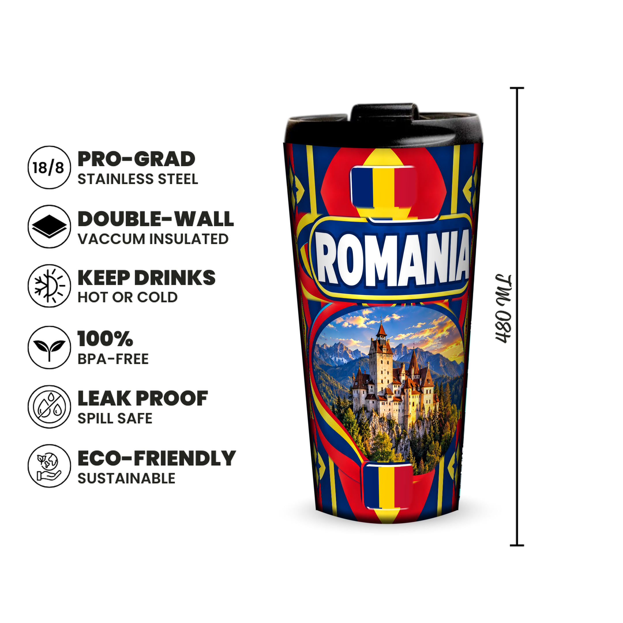 Romania 480ml insulated tumbler features and size