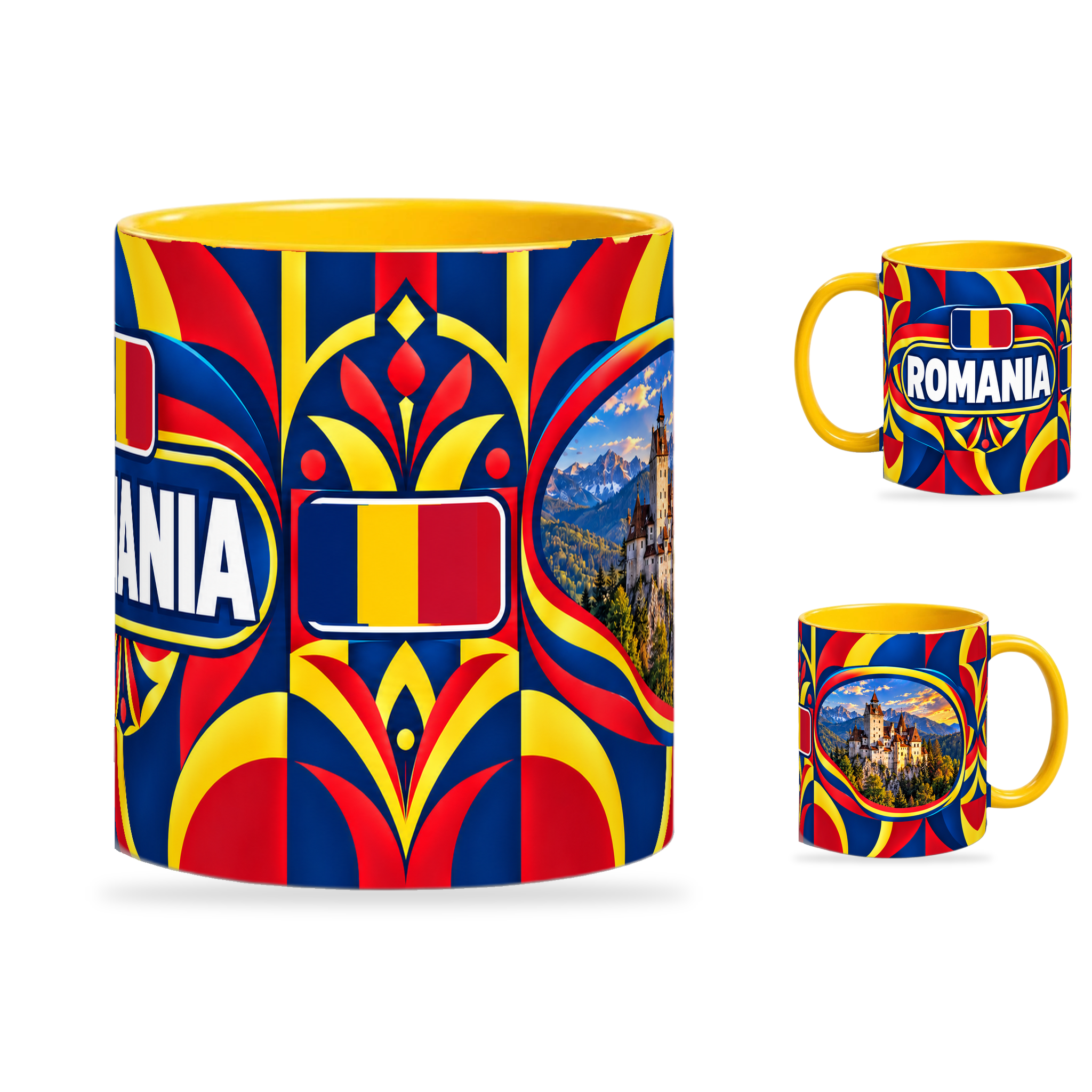 Romania Mug Yellow – 320ml with yellow handle, showing the centered flag view plus companion country-name and landmark views of the glossy full-wrap design by Fann Bliss.