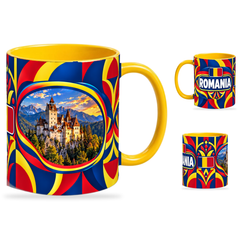 Romania Mug Yellow – 320ml with yellow handle, showing the landmark side plus companion country-name and centered-flag views of the glossy full-wrap design by Fann Bliss.