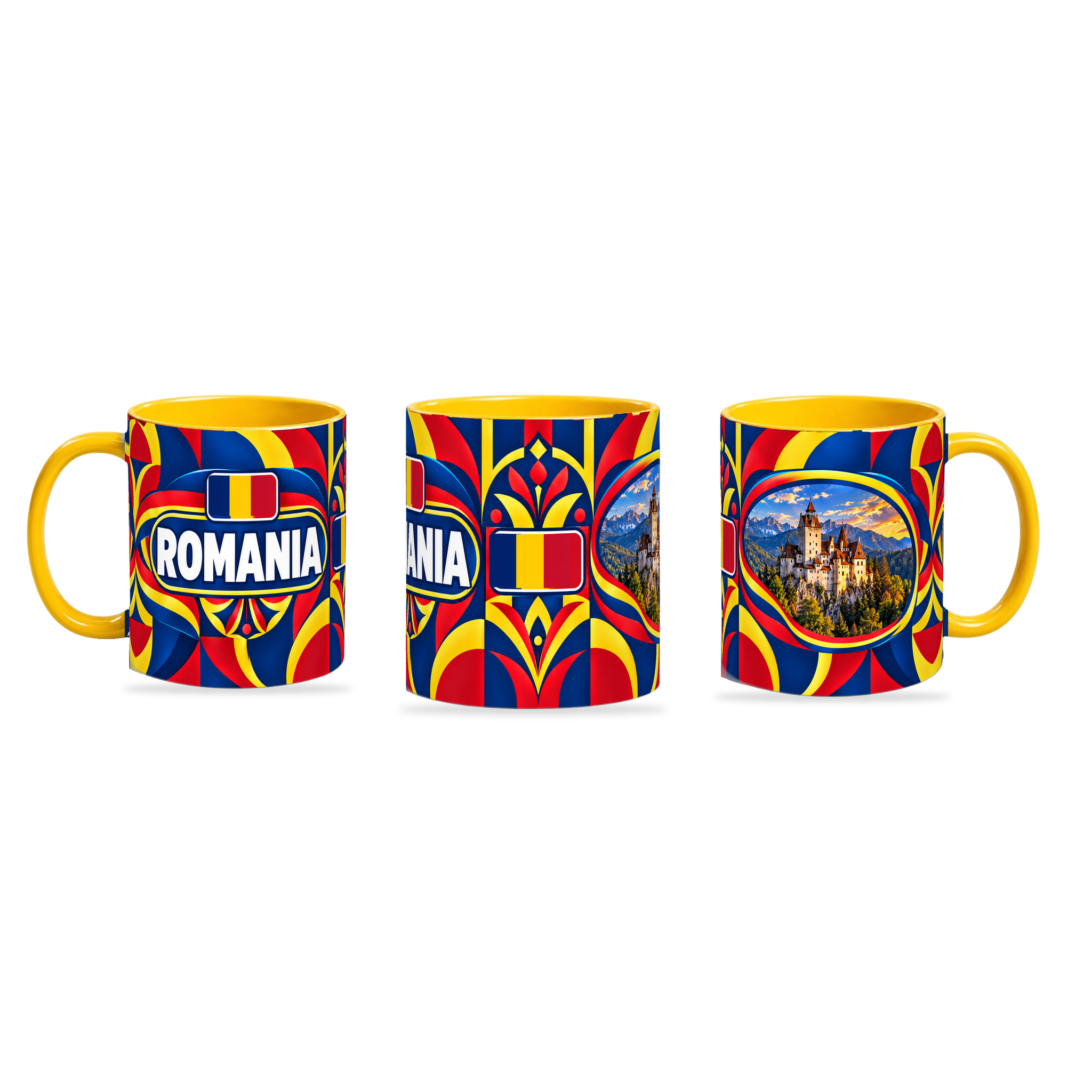Romania Mug Yellow – 320ml with yellow handle, shown in three matching angles of the glossy full-wrap design by Fann Bliss.