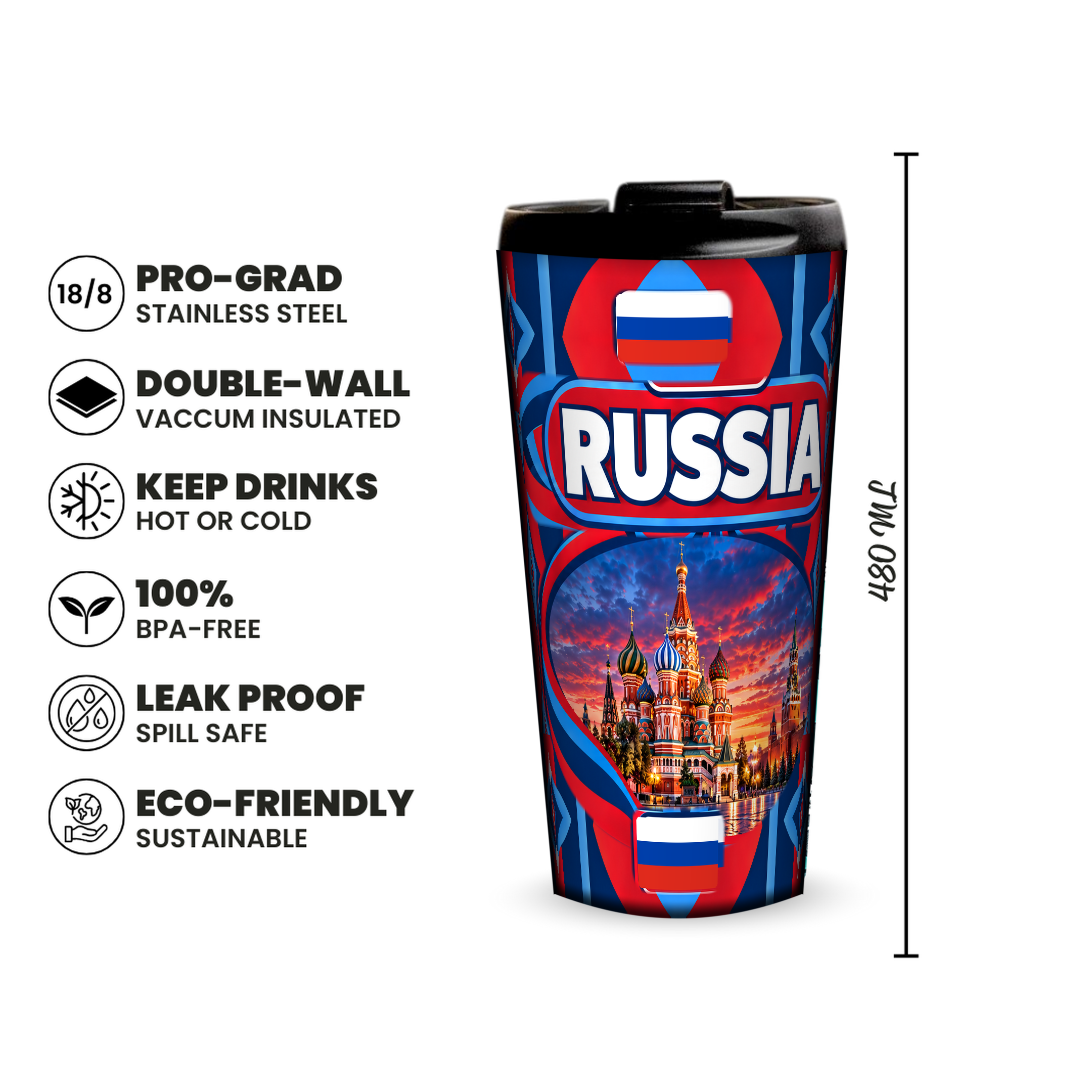 Russia 480ml insulated tumbler features and size