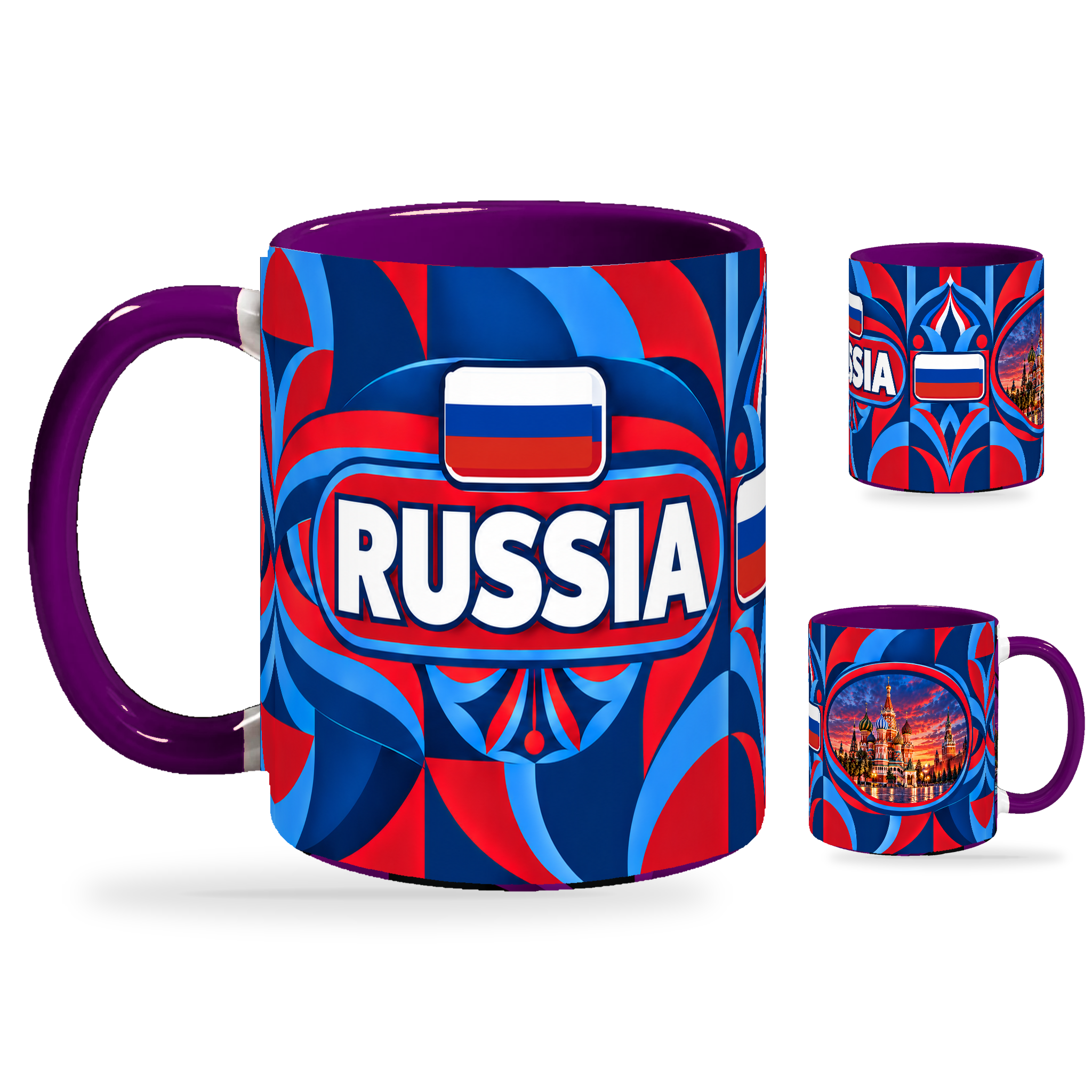 Russia Mug Purple – 320ml with purple handle, showing the country-name side plus companion centered-flag and landmark views of the glossy full-wrap design by Fann Bliss.