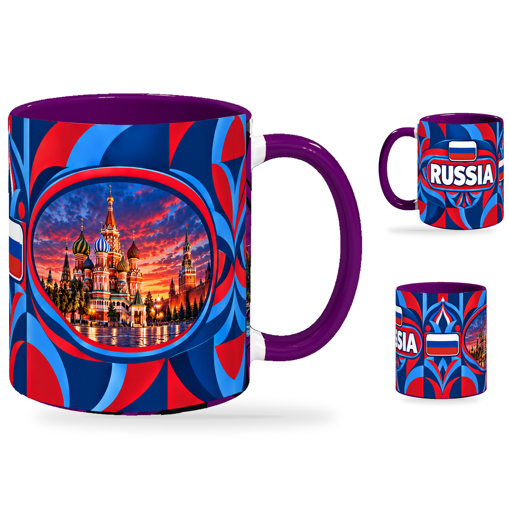 Russia Mug Purple – 320ml with purple handle, showing the landmark side plus companion country-name and centered-flag views of the glossy full-wrap design by Fann Bliss.