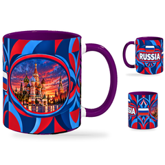 Russia Mug Purple – 320ml with purple handle, showing the landmark side plus companion country-name and centered-flag views of the glossy full-wrap design by Fann Bliss.