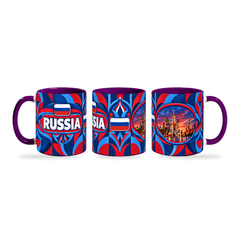 Russia Mug Purple – 320ml with purple handle, shown in three matching angles of the glossy full-wrap design by Fann Bliss.
