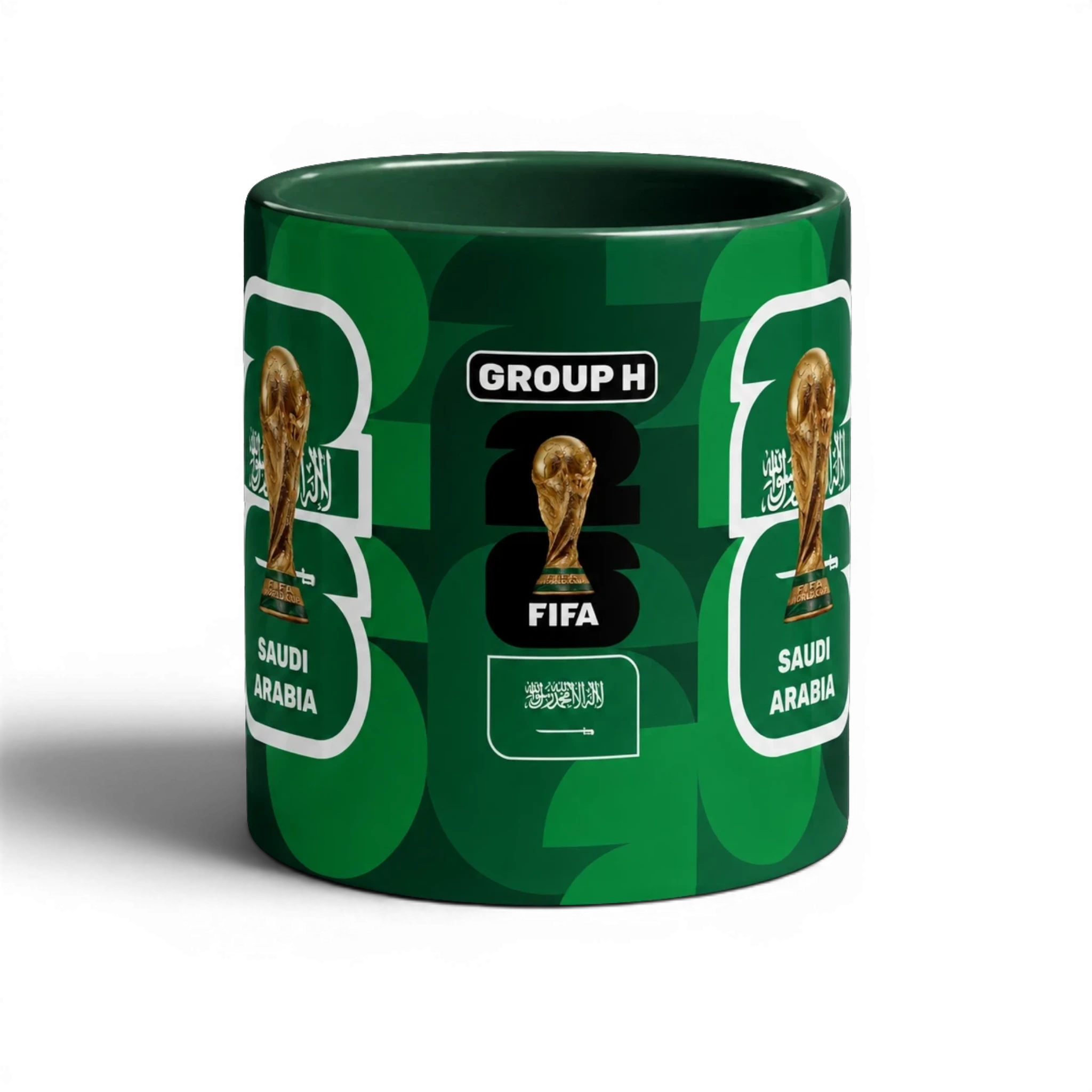 Fann Bliss Saudi Arabia FIFA World Cup 2026 commemorative mug with geometric green pattern, trophy, and national emblem.