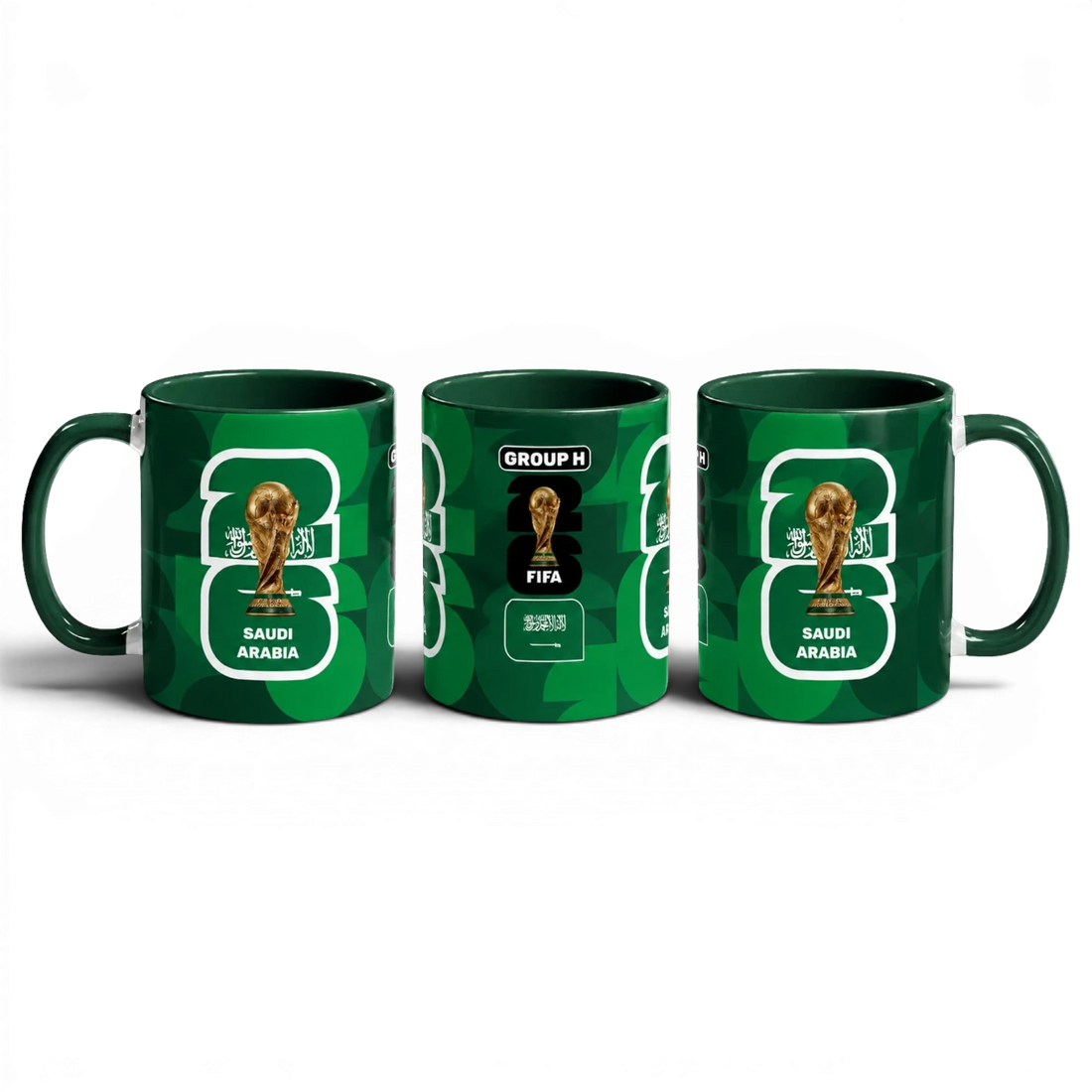 Fann Bliss Saudi Arabia FIFA World Cup 2026 commemorative mug in green ceramic with geometric pattern, trophy, and team emblem.