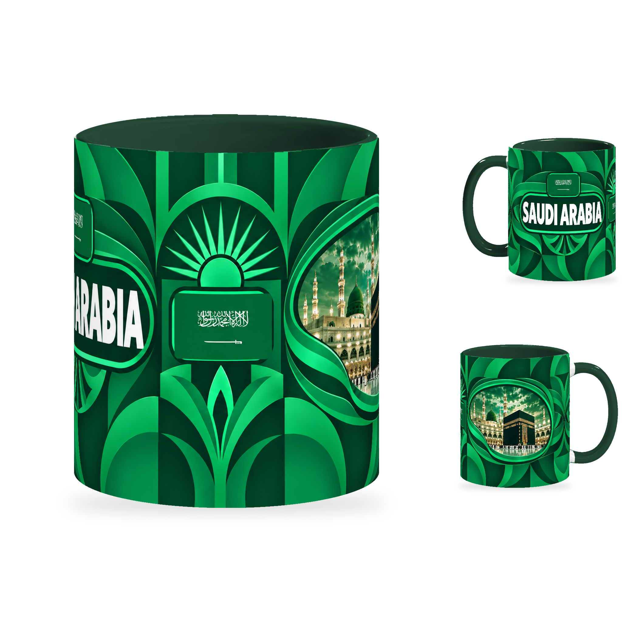 Saudi Arabia Mug – 320ml with dark green handle, showing the centered flag view plus companion country-name and landmark views of the glossy full-wrap design by Fann Bliss.