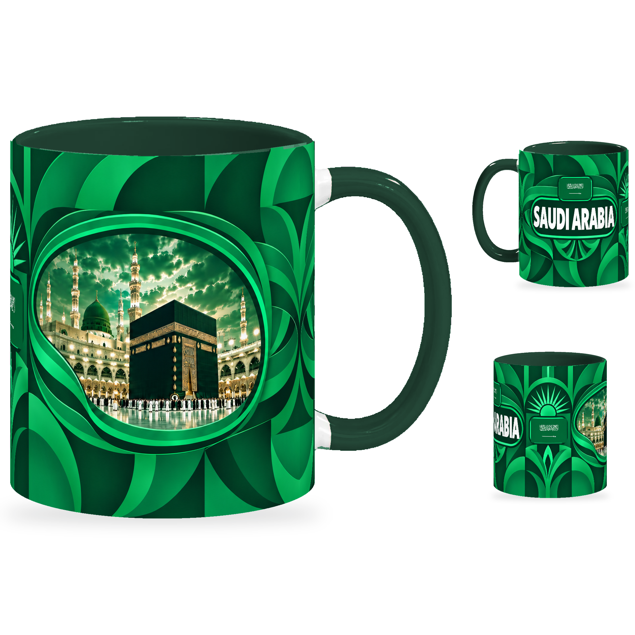 Saudi Arabia Mug – 320ml with dark green handle, showing the landmark side plus companion country-name and centered-flag views of the glossy full-wrap design by Fann Bliss.