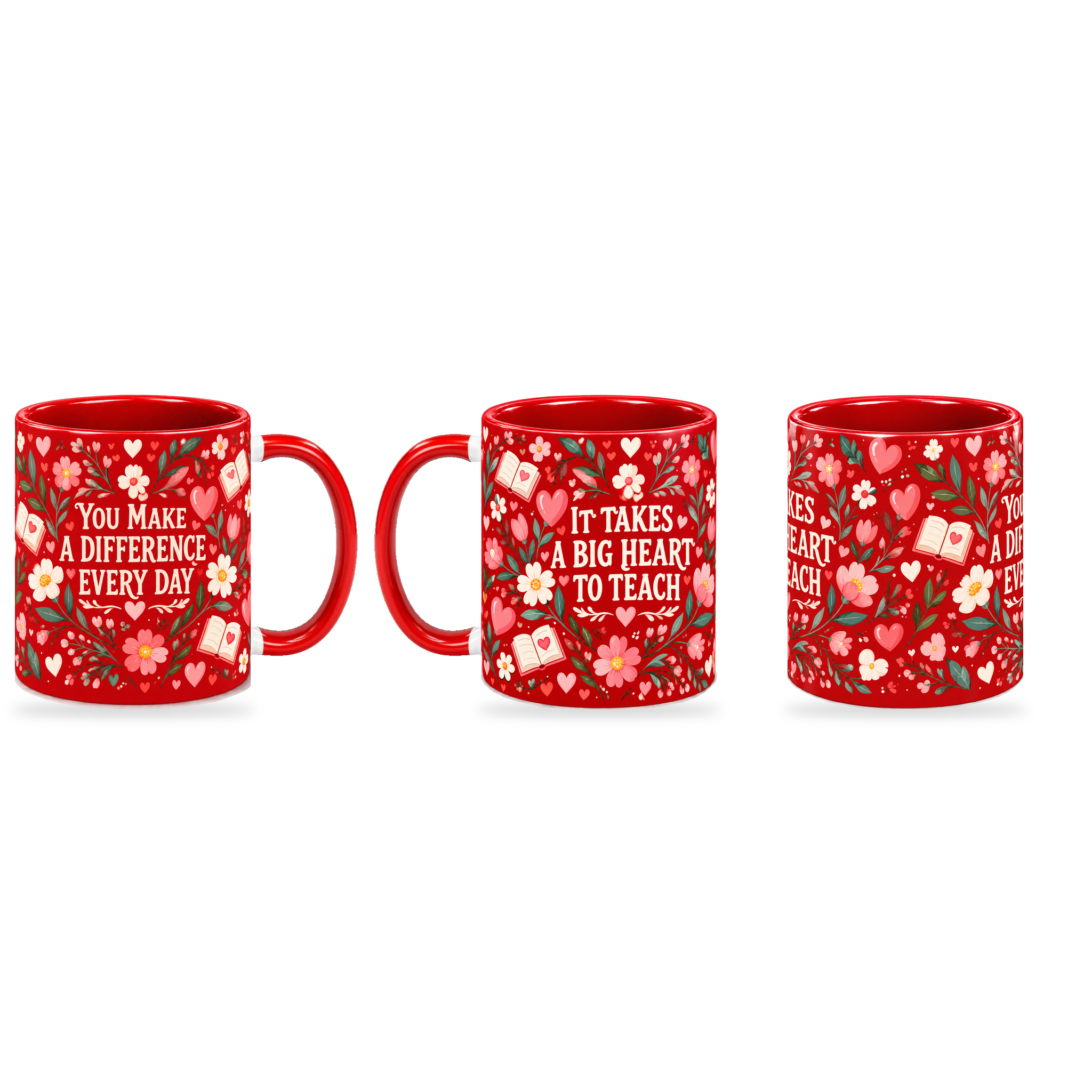 Scarlet Heart Lessons Teacher Mug – 320ml — right, left and centre views together on a transparent background
