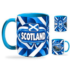 Scotland Mug – 320ml with light-blue handle, showing the country-name side plus companion centered-flag and landmark views of the glossy full-wrap design by Fann Bliss.