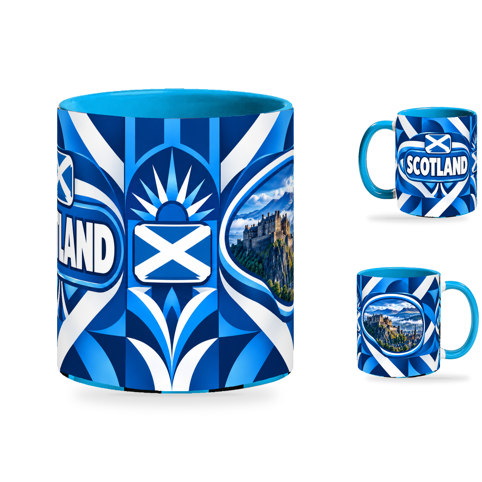 Scotland Mug – 320ml with light-blue handle, showing the centered flag view plus companion country-name and landmark views of the glossy full-wrap design by Fann Bliss.