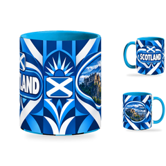 Scotland Mug – 320ml with light-blue handle, showing the centered flag view plus companion country-name and landmark views of the glossy full-wrap design by Fann Bliss.