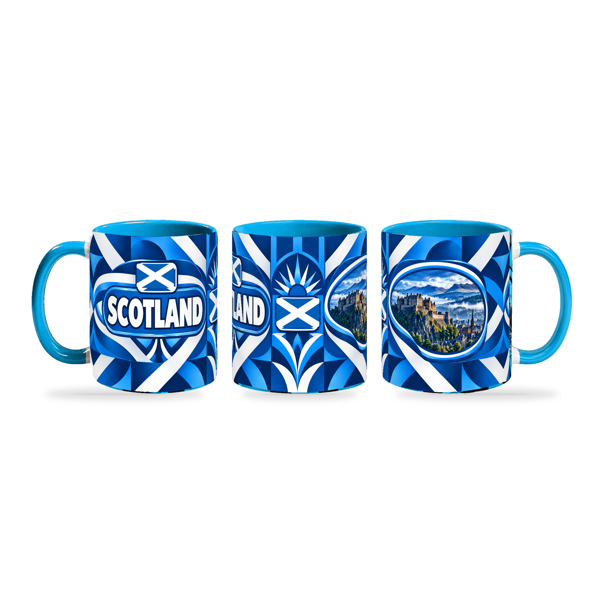 Scotland Mug – 320ml with light-blue handle, shown in three matching angles of the glossy full-wrap design by Fann Bliss.