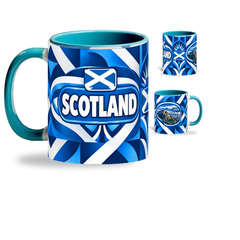 Scotland Mug Teal – 320ml with teal handle, showing the country-name side plus companion centered-flag and landmark views of the glossy full-wrap design by Fann Bliss.
