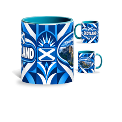 Scotland Mug Teal – 320ml with teal handle, showing the centered flag view plus companion country-name and landmark views of the glossy full-wrap design by Fann Bliss.