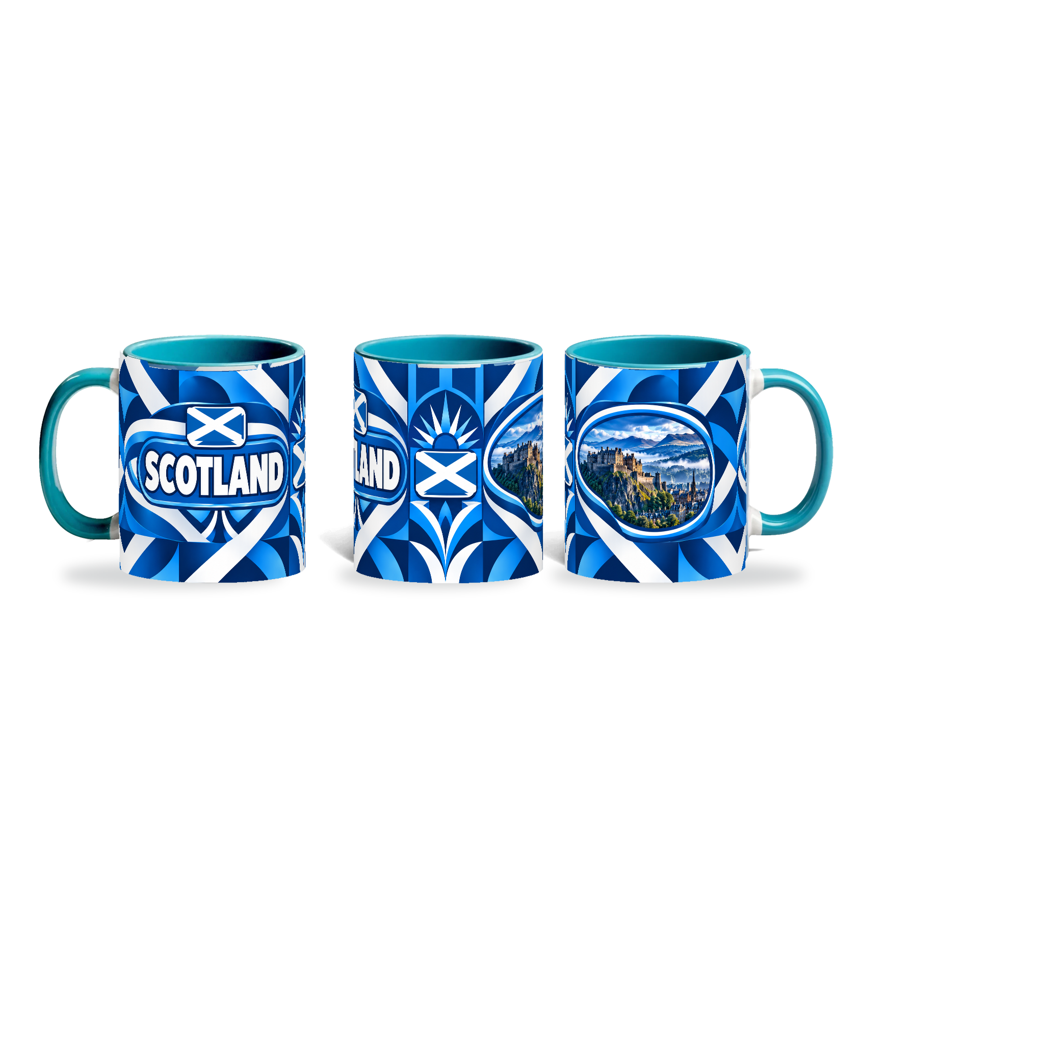 Scotland Mug Teal – 320ml with teal handle, shown in three matching angles of the glossy full-wrap design by Fann Bliss.