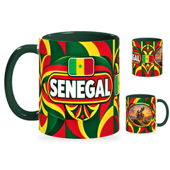 Senegal Mug – 320ml with dark green handle, showing the country-name side plus companion centered-flag and landmark views of the glossy full-wrap design by Fann Bliss.