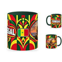 Senegal Mug – 320ml with dark green handle, showing the centered flag view plus companion country-name and landmark views of the glossy full-wrap design by Fann Bliss.