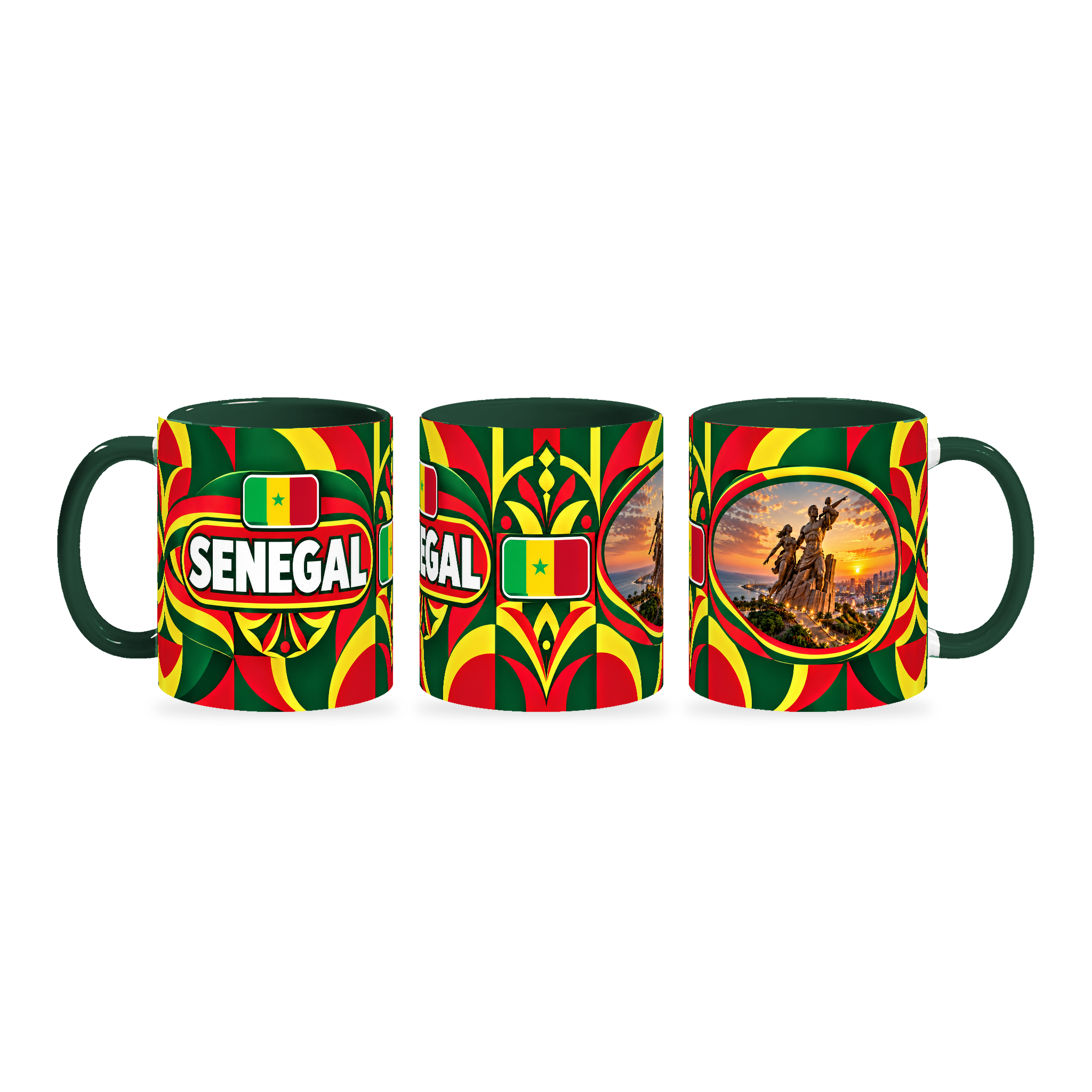 Senegal Mug – 320ml with dark green handle, shown in three matching angles of the glossy full-wrap design by Fann Bliss.