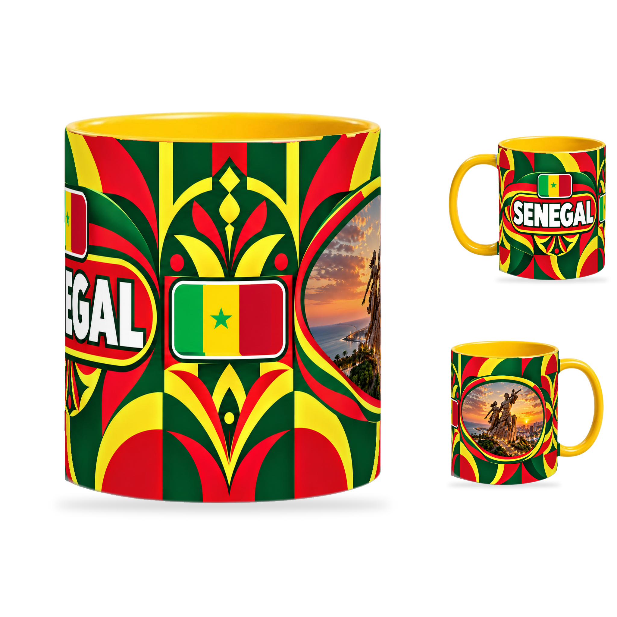 Senegal Mug Yellow – 320ml with yellow handle, showing the centered flag view plus companion country-name and landmark views of the glossy full-wrap design by Fann Bliss.