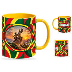 Senegal Mug Yellow – 320ml with yellow handle, showing the landmark side plus companion country-name and centered-flag views of the glossy full-wrap design by Fann Bliss.