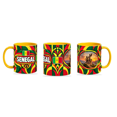 Senegal Mug Yellow – 320ml with yellow handle, shown in three matching angles of the glossy full-wrap design by Fann Bliss.