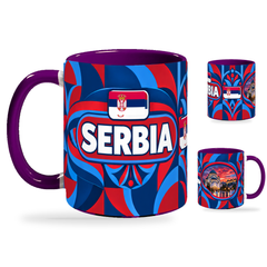 Serbia Mug Purple – 320ml with purple handle, showing the country-name side plus companion centered-flag and landmark views of the glossy full-wrap design by Fann Bliss.