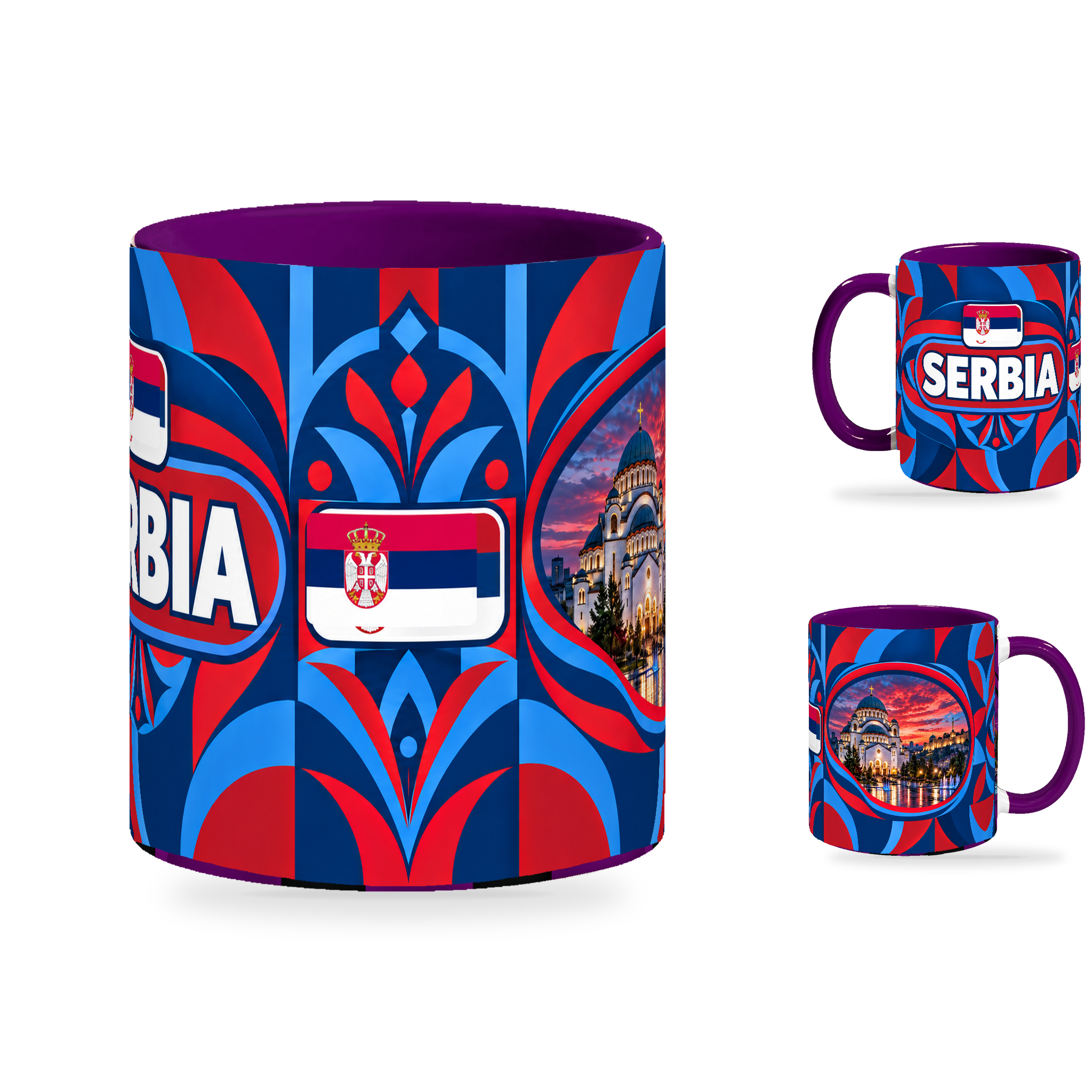 Serbia Mug Purple – 320ml with purple handle, showing the centered flag view plus companion country-name and landmark views of the glossy full-wrap design by Fann Bliss.