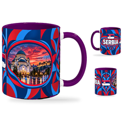 Serbia Mug Purple – 320ml with purple handle, showing the landmark side plus companion country-name and centered-flag views of the glossy full-wrap design by Fann Bliss.