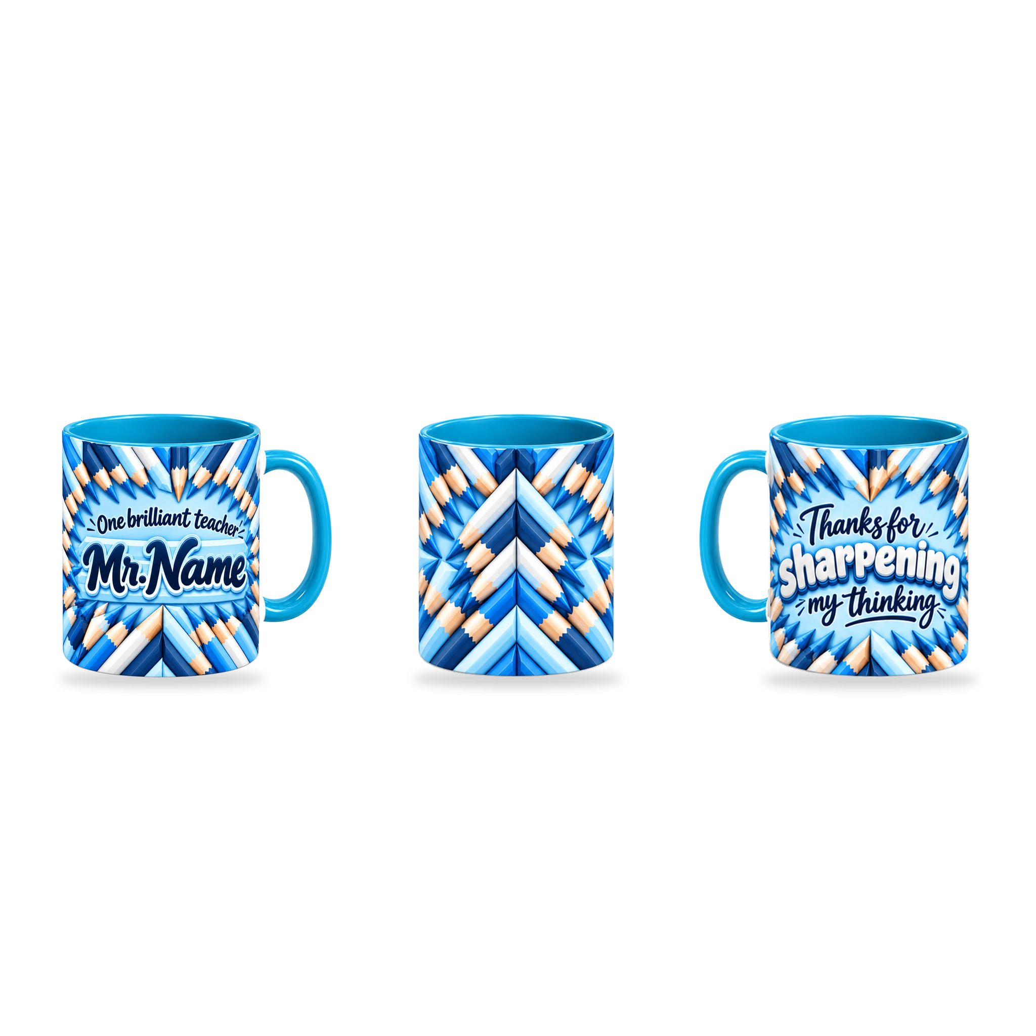 Sharp Thinking Mug – 320ml, Light Blue ceramic mug, three-angle overview of the Teacher’s Day artwork