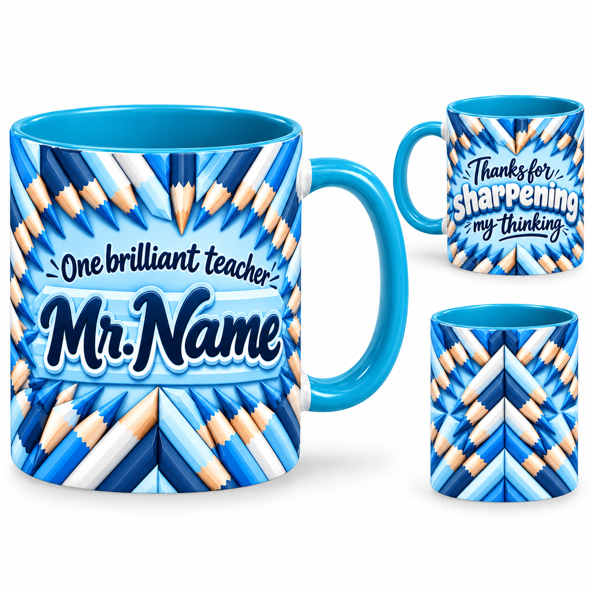 Sharp Thinking Mug – 320ml, light blue ceramic mug, views of the full-wrap Teacher’s Day design