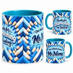 Sharp Thinking Mug – 320ml, teal ceramic mug, views of the full-wrap Teacher’s Day design